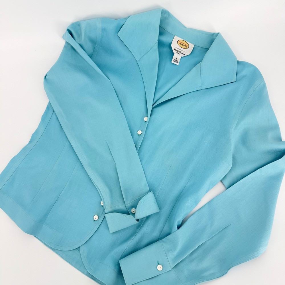 Talbots Blue Wrinkle Resistant Stretch Herringbone Button Down Shirt Size 4 EUC
